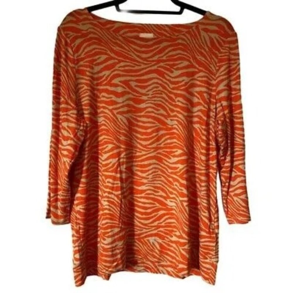 Chicos Womens Blouse Orange Animal Print Cut Out Sleeves Stretch Top L/12 NWOT